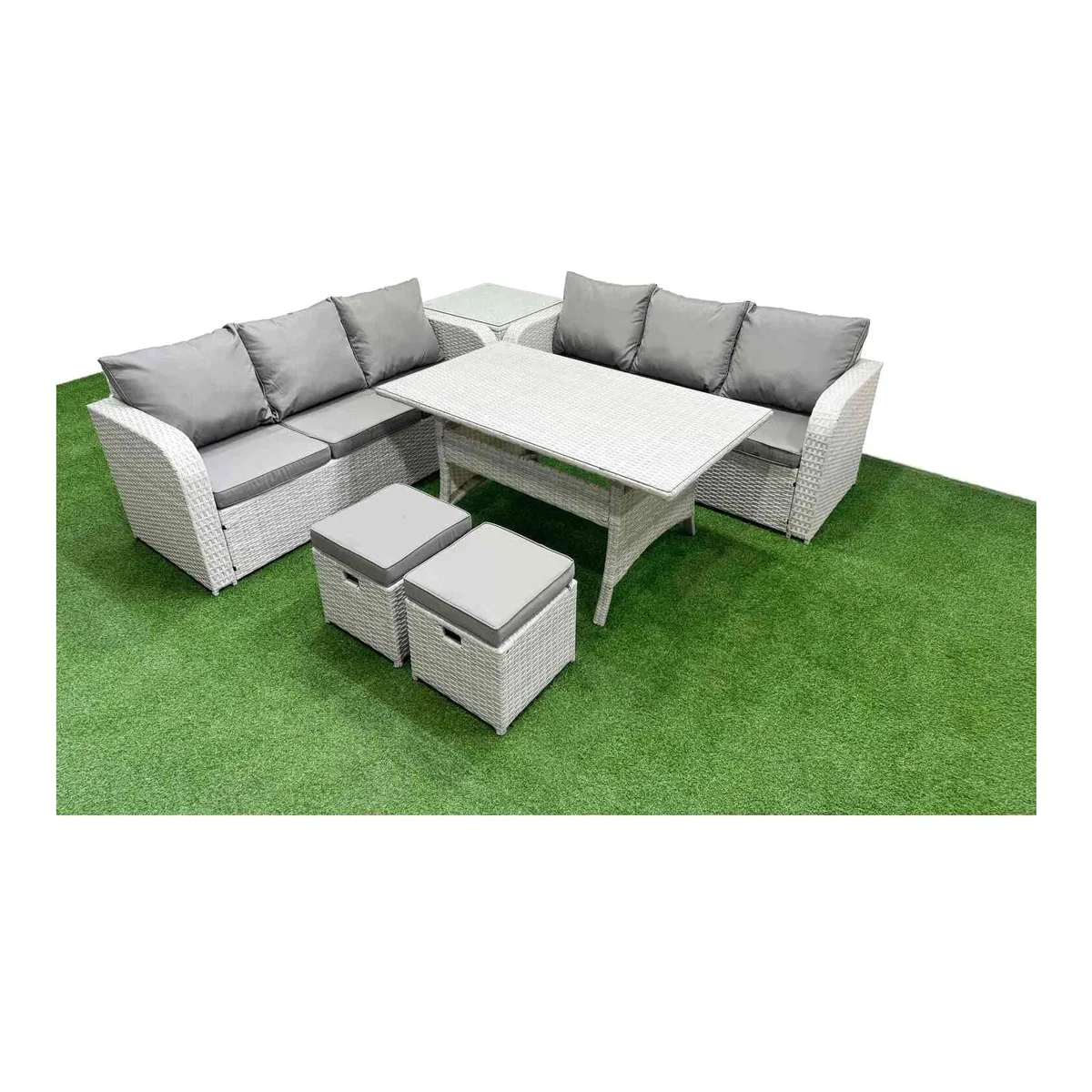 Fimous 8-Seater Rattan Garden Furniture Set with Tempered Glass Table Light Grey - Light Grey – image 1