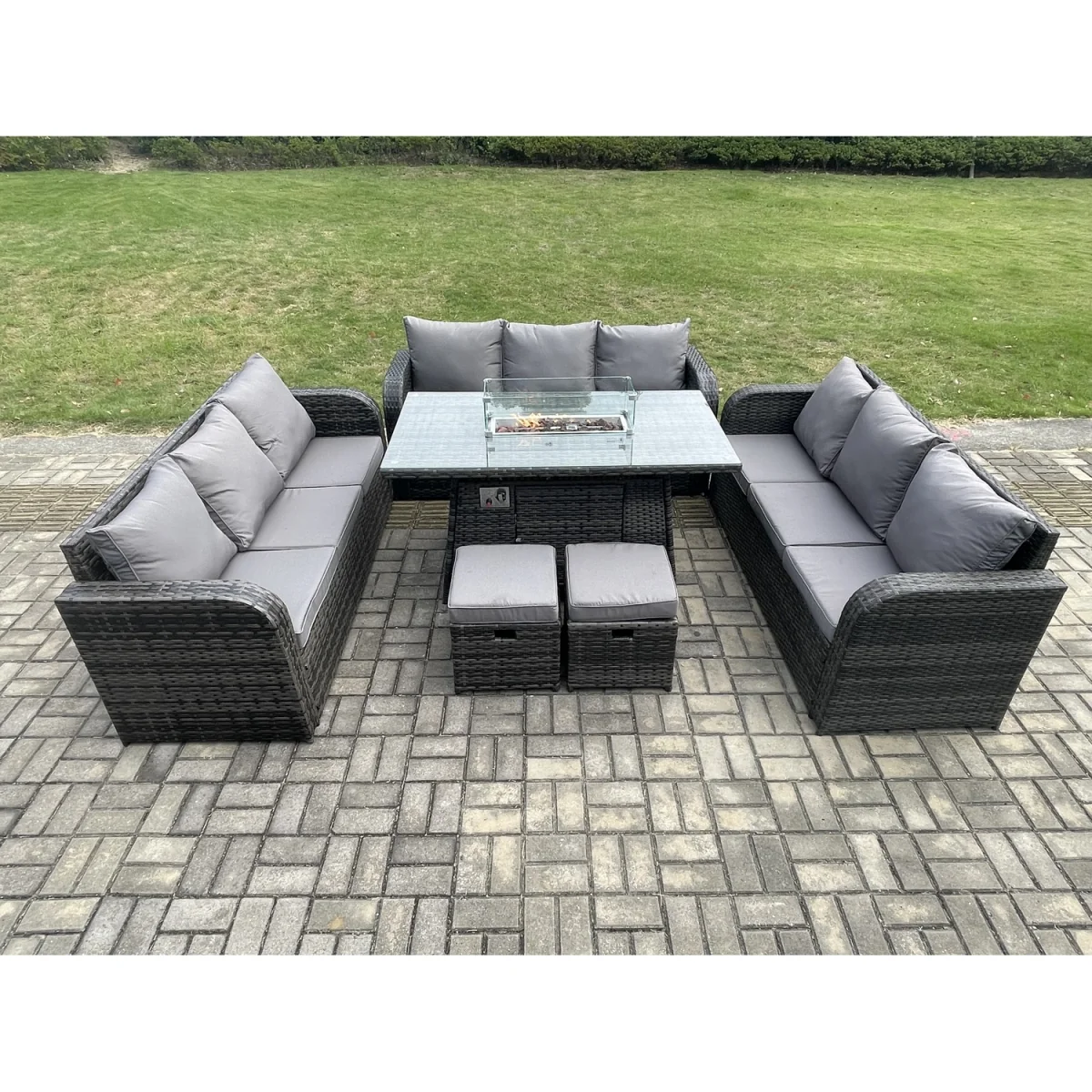 Fimous Rattan Garden Dining Set with Gas Fire Pit Table and 3-Seater Sofas Dark Grey Mixed - Dark Grey – image 2