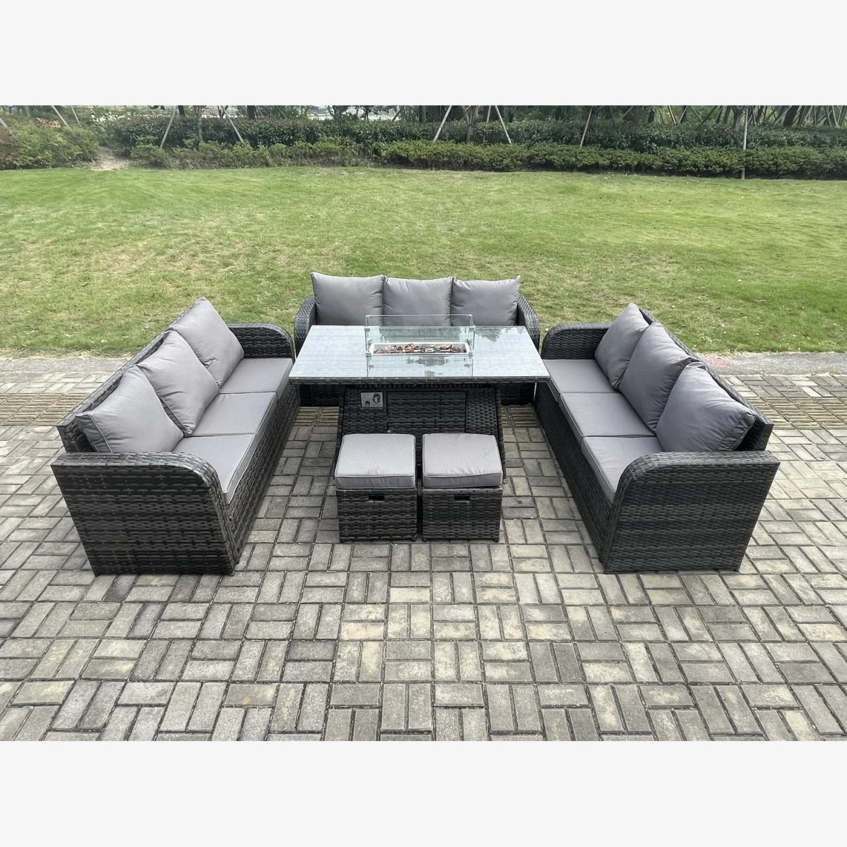 Fimous Rattan Garden Dining Set with Gas Fire Pit Table and 3-Seater Sofas Dark Grey Mixed - Dark Grey – image 1