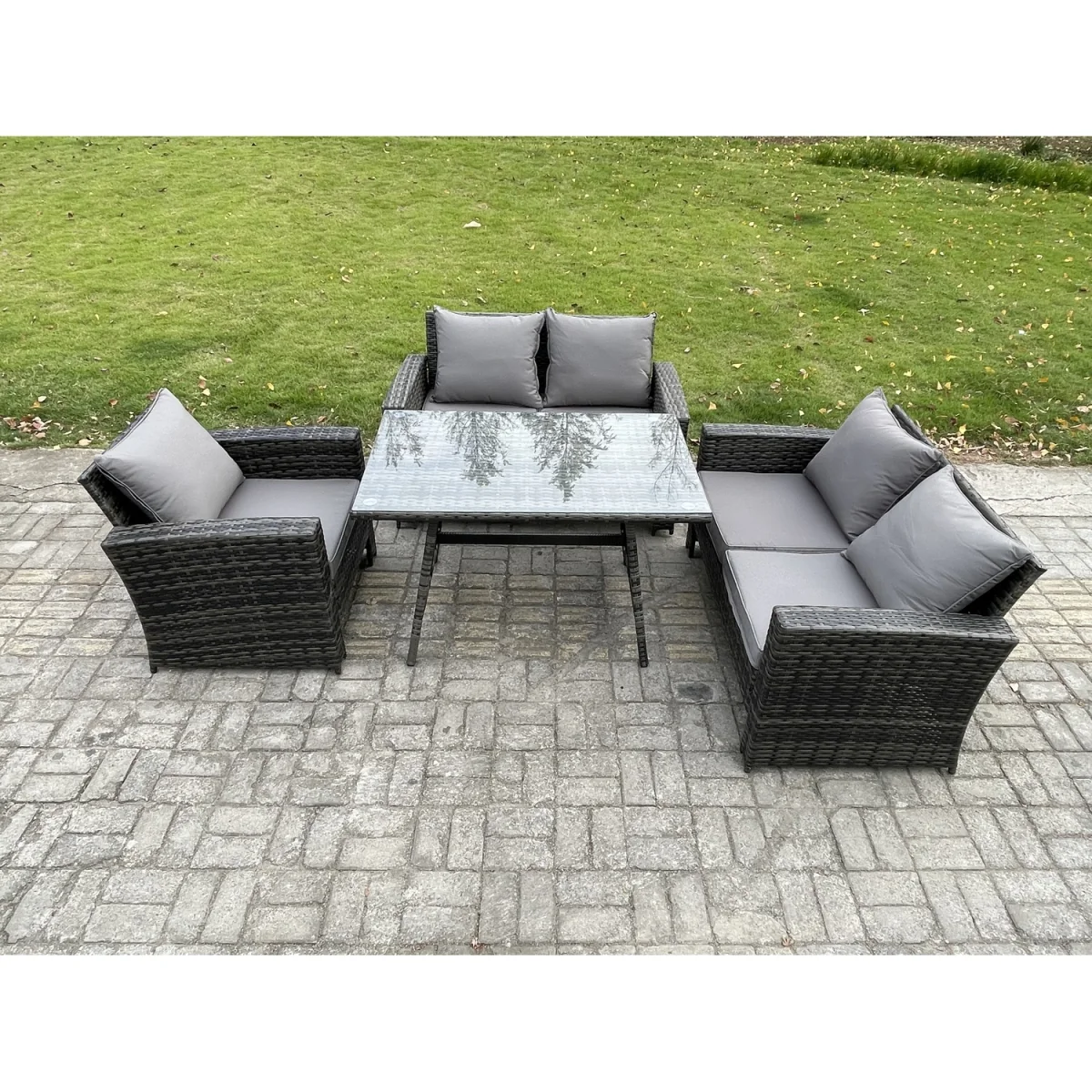 Fimous 5 Seater Wicker PE Rattan Garden Dining Set with Rectangular Table Dark Grey Mixed - Dark grey mixed rattan with dark grey fabric – image 3