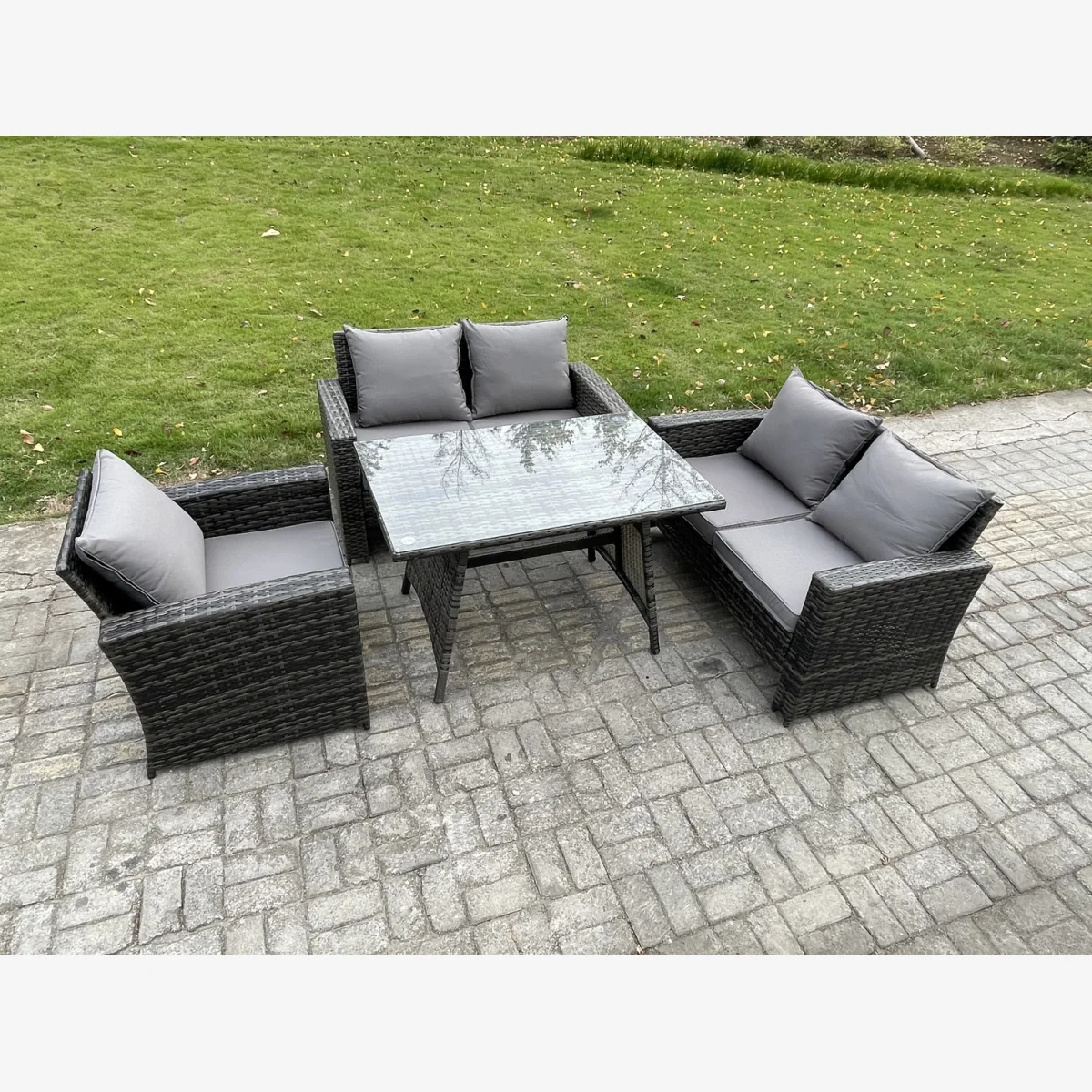 Fimous 5 Seater Wicker PE Rattan Garden Dining Set with Rectangular Table Dark Grey Mixed - Dark grey mixed rattan with dark grey fabric – image 1