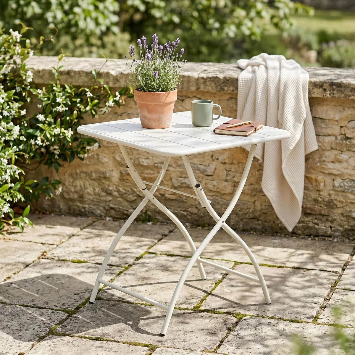 3 Piece Garden Bistro Set, Pair of Sunray Armchairs and Metal Folding Table - White – image 13
