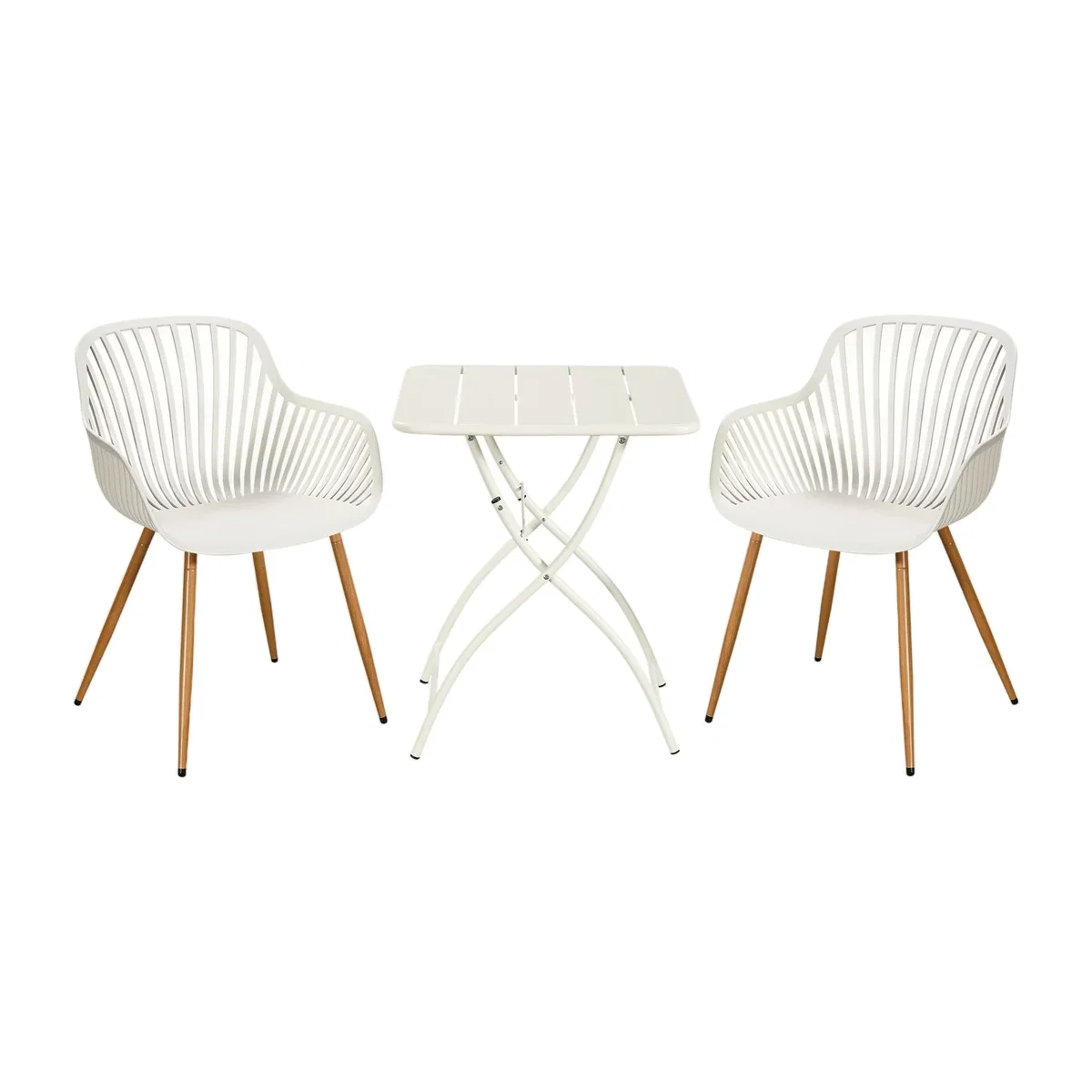3 Piece Garden Bistro Set, Pair of Sunray Armchairs and Metal Folding Table - White – image 1