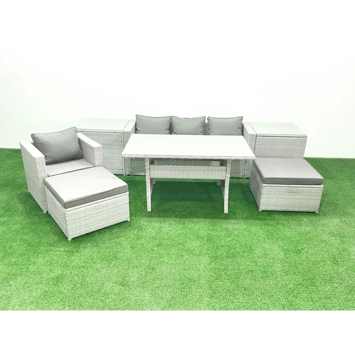 Fimous 6-Seater Rattan Outdoor Dining Set with Cushions & Tempered Glass - Light Grey Mixed – image 2