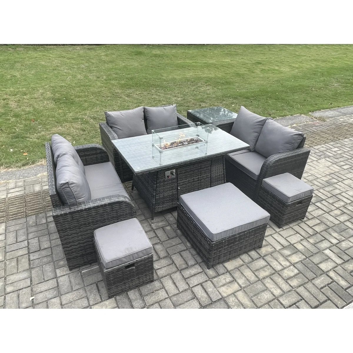 Fimous 9 Seater Outdoor Rattan Garden Dining Set with Gas Fire Pit Table. - Dark Grey – image 2