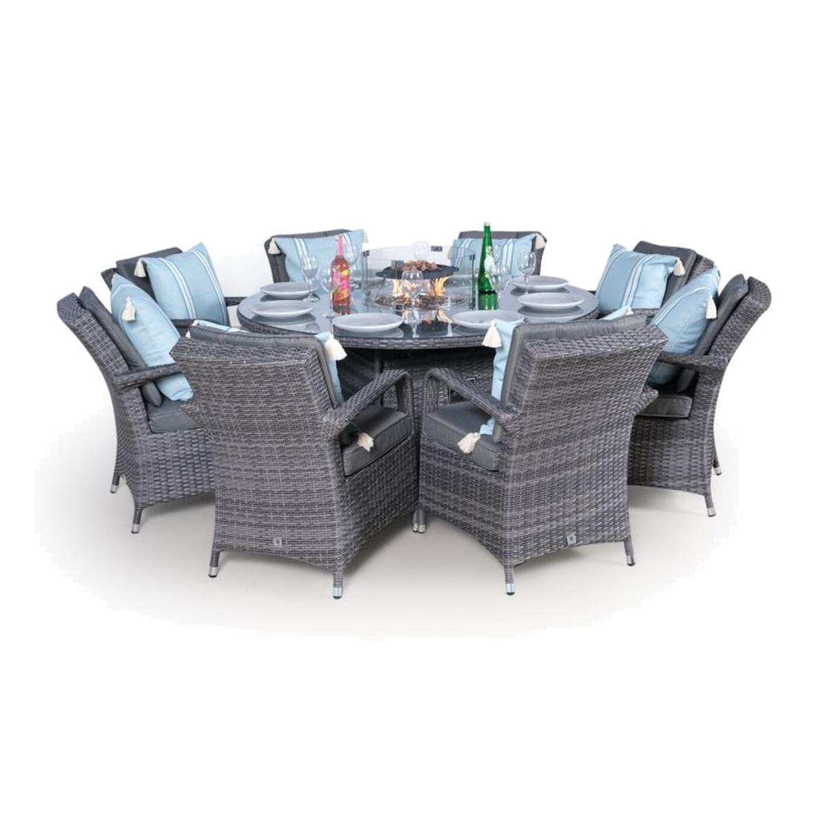 Arizona Fire Pit 8 Seater Round Rattan Dining Set - Grey