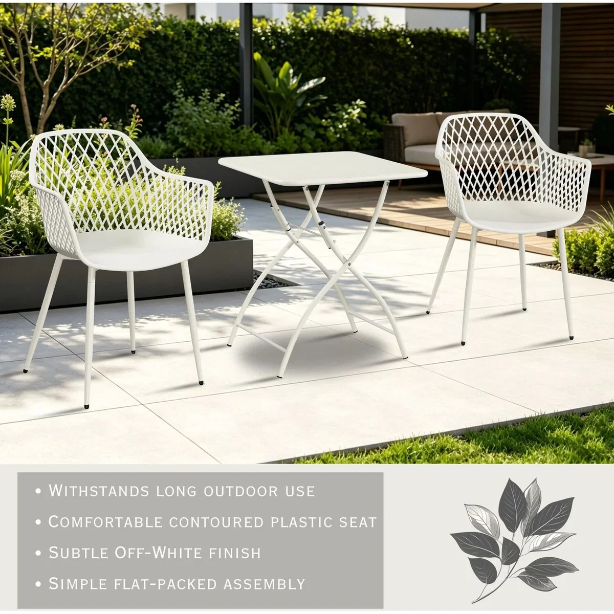 3 Piece Square Garden Bistro Set, Pair Lattice Armchairs, Metal Folding Table - White – image 4