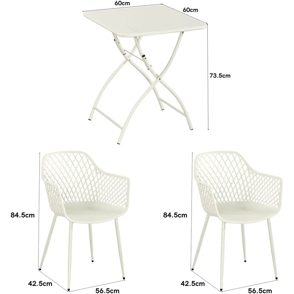 3 Piece Square Garden Bistro Set, Pair Lattice Armchairs, Metal Folding Table - White – image 5
