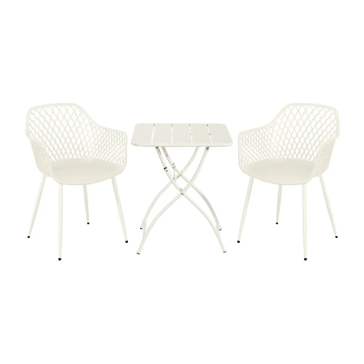 3 Piece Square Garden Bistro Set, Pair Lattice Armchairs, Metal Folding Table - White – image 1