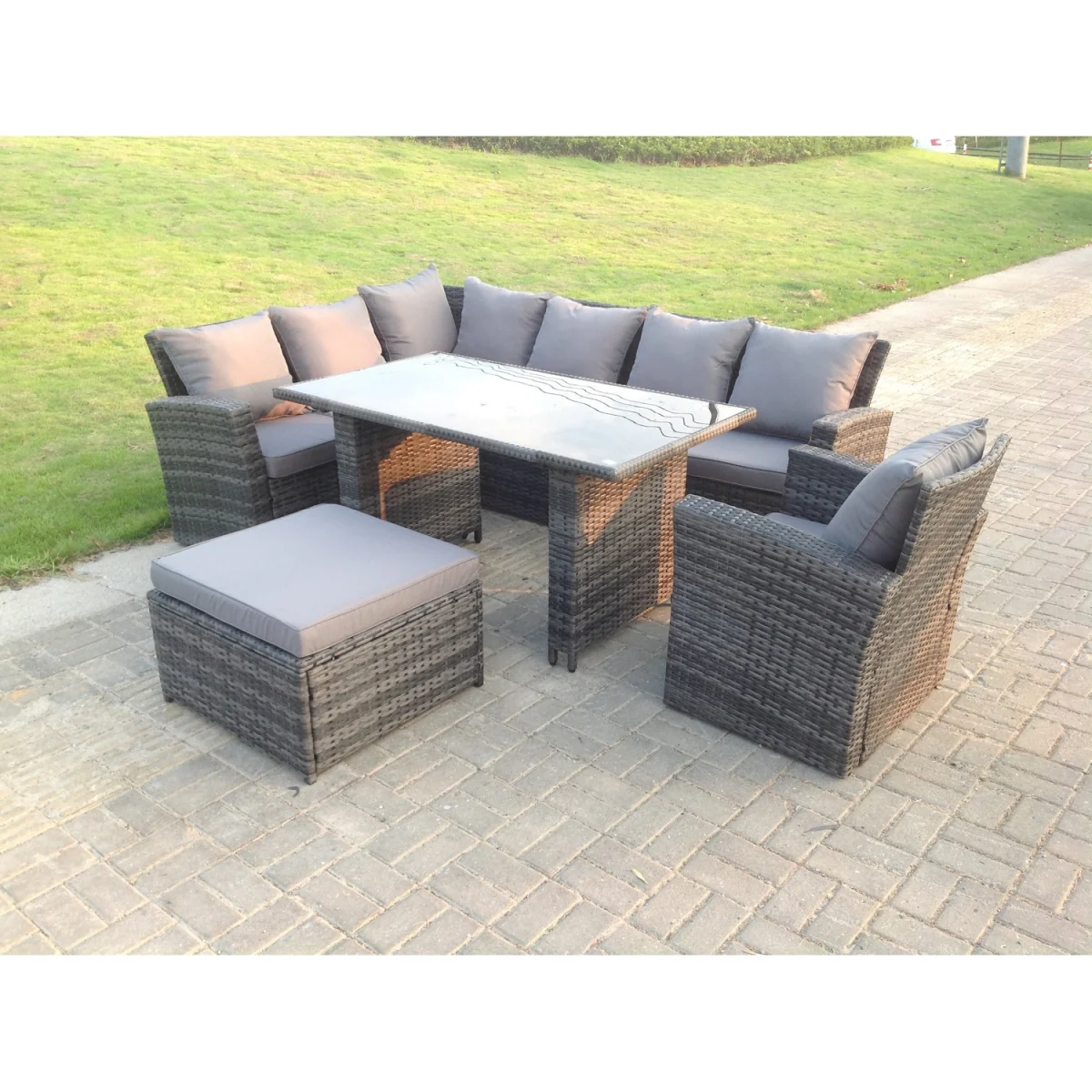 8 Seater Rattan Garden Furniture Set Black Tempered Dining Table - Dark Grey Mixed – image 3