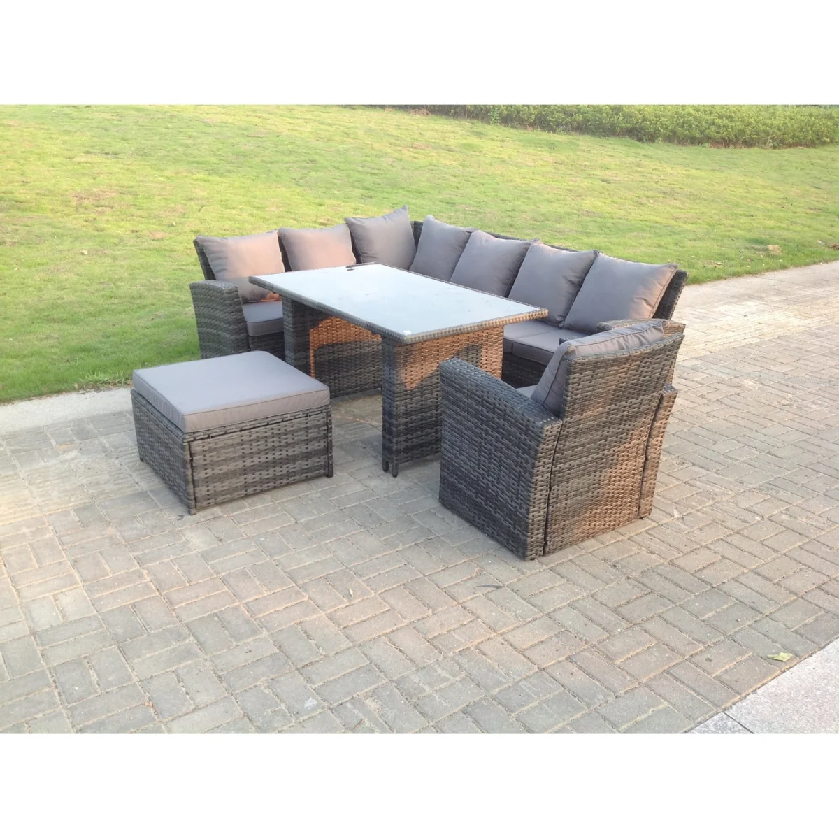 8 Seater Rattan Garden Furniture Set Black Tempered Dining Table - Dark Grey Mixed – image 4