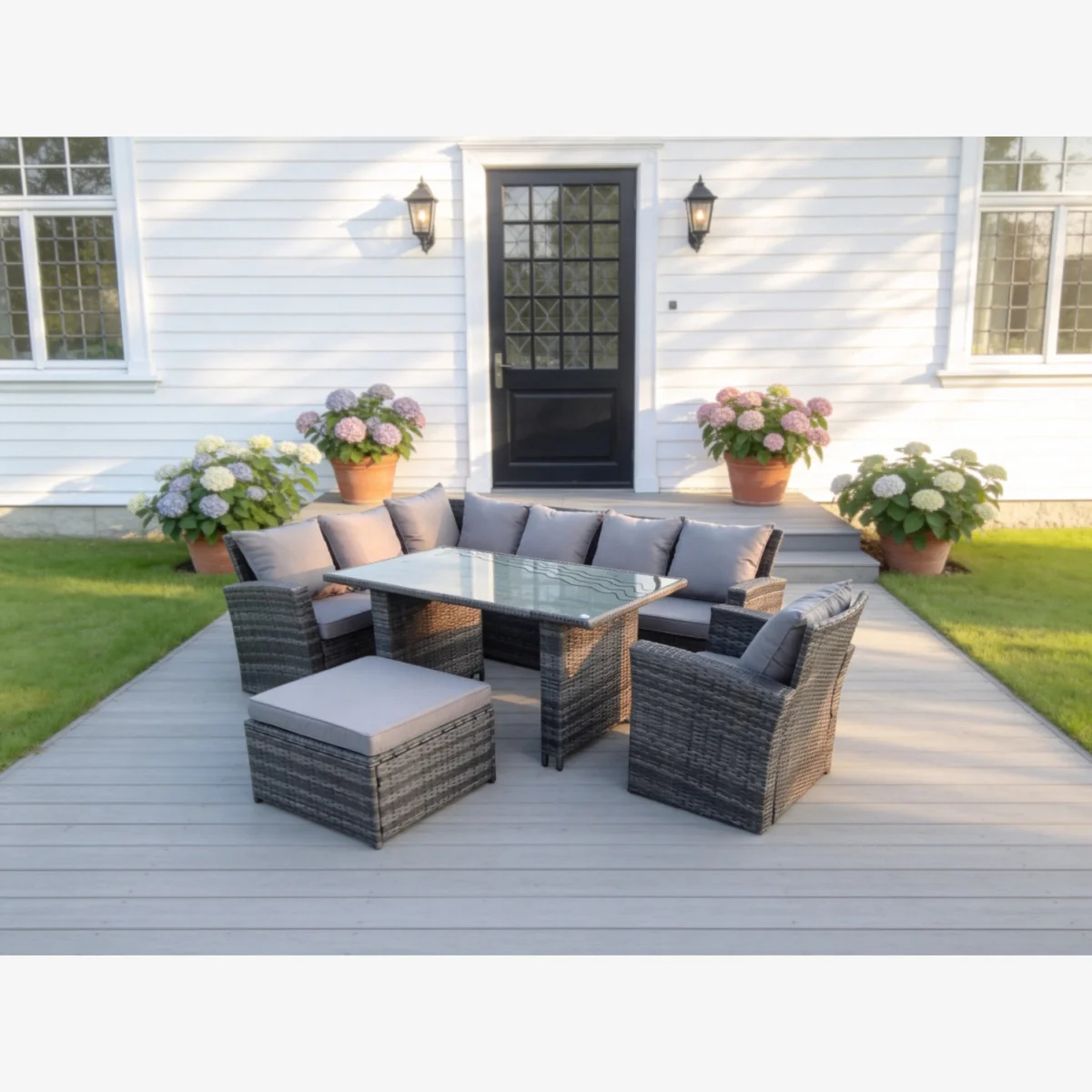 8 Seater Rattan Garden Furniture Set Black Tempered Dining Table - Dark Grey Mixed – image 1