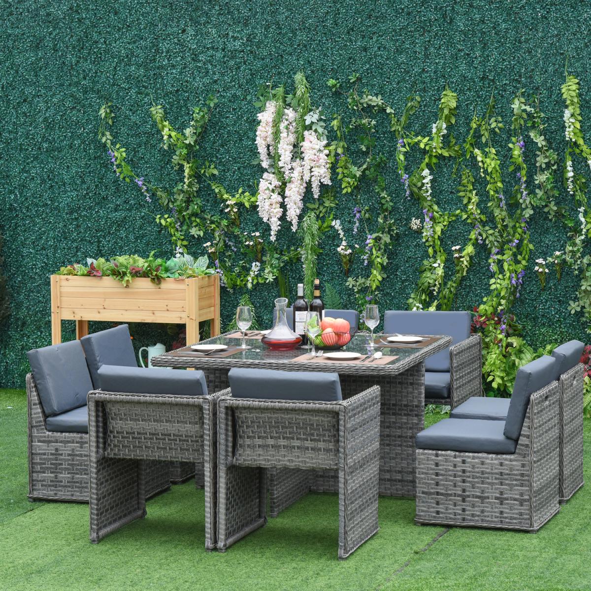 9 Piece Rattan Dining Table Chair Set - Mixed Grey Wicker – image 1