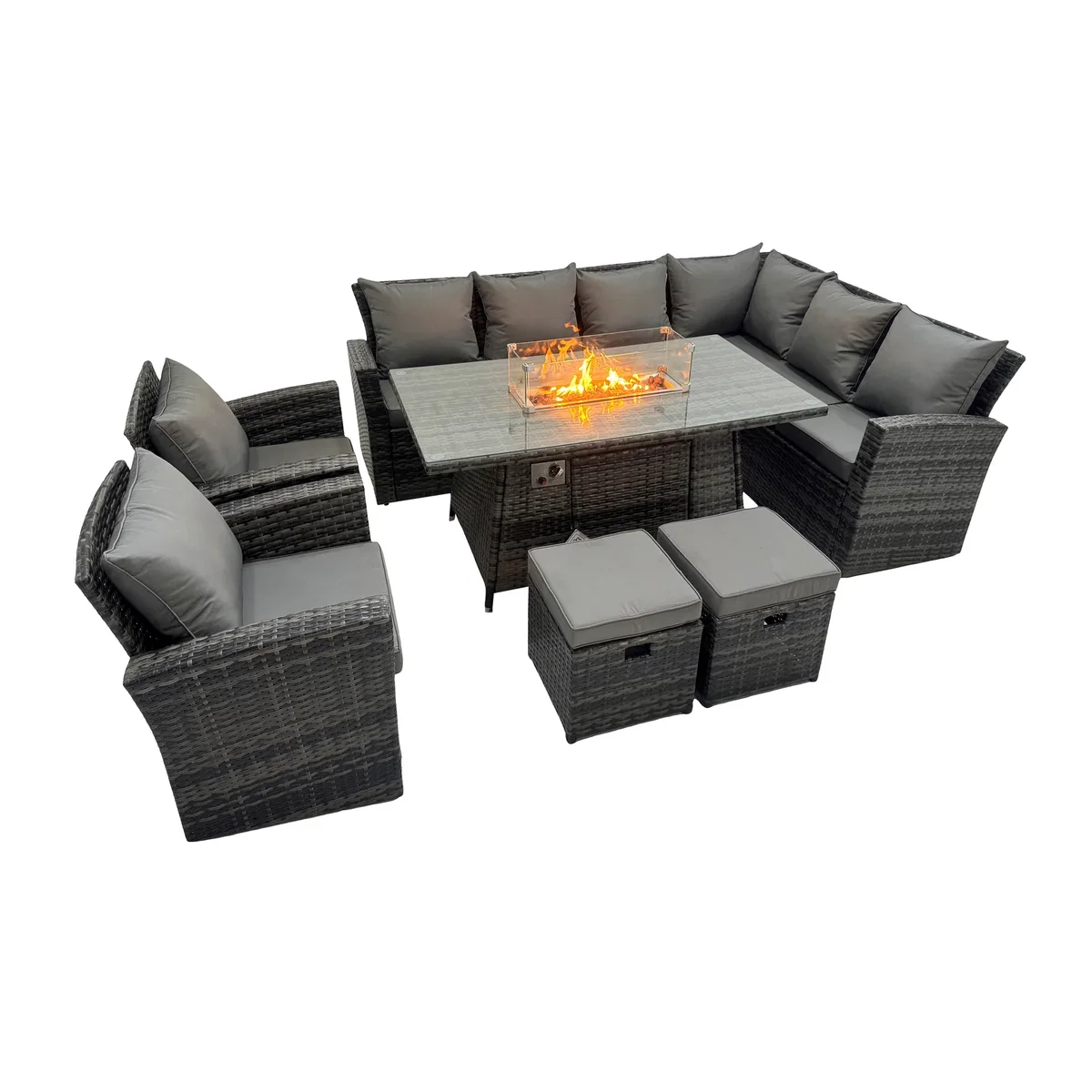 Fimous 7-Piece Outdoor Rattan Dining Set with Gas Fire Pit Table Dark Grey Mixed - Dark Grey Mixed – image 1