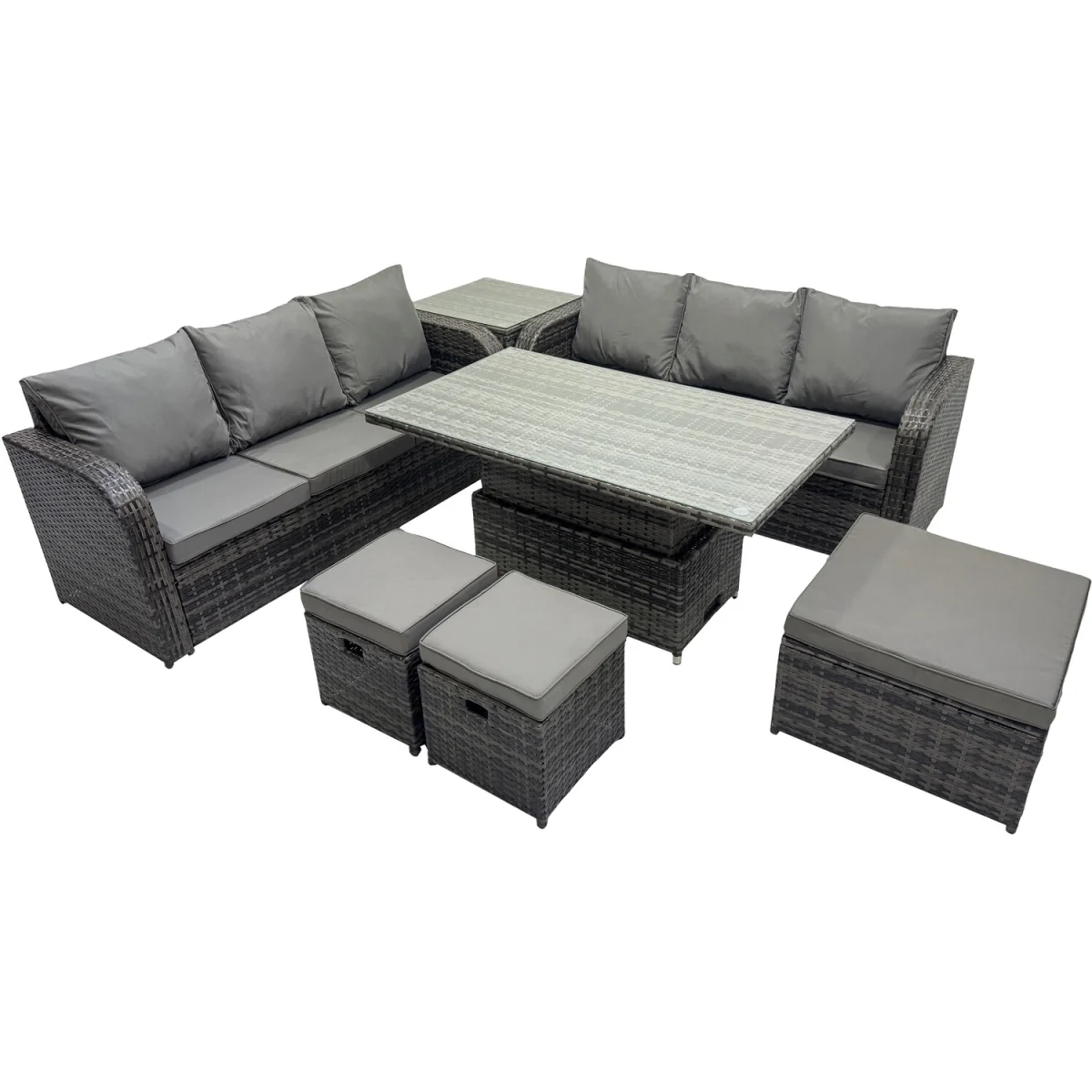 Fimous 9-Seater PE Rattan Garden Set Adjustable Table Dark Grey Mixed - Dark Grey Mixed rattan with dark grey fabric – image 4
