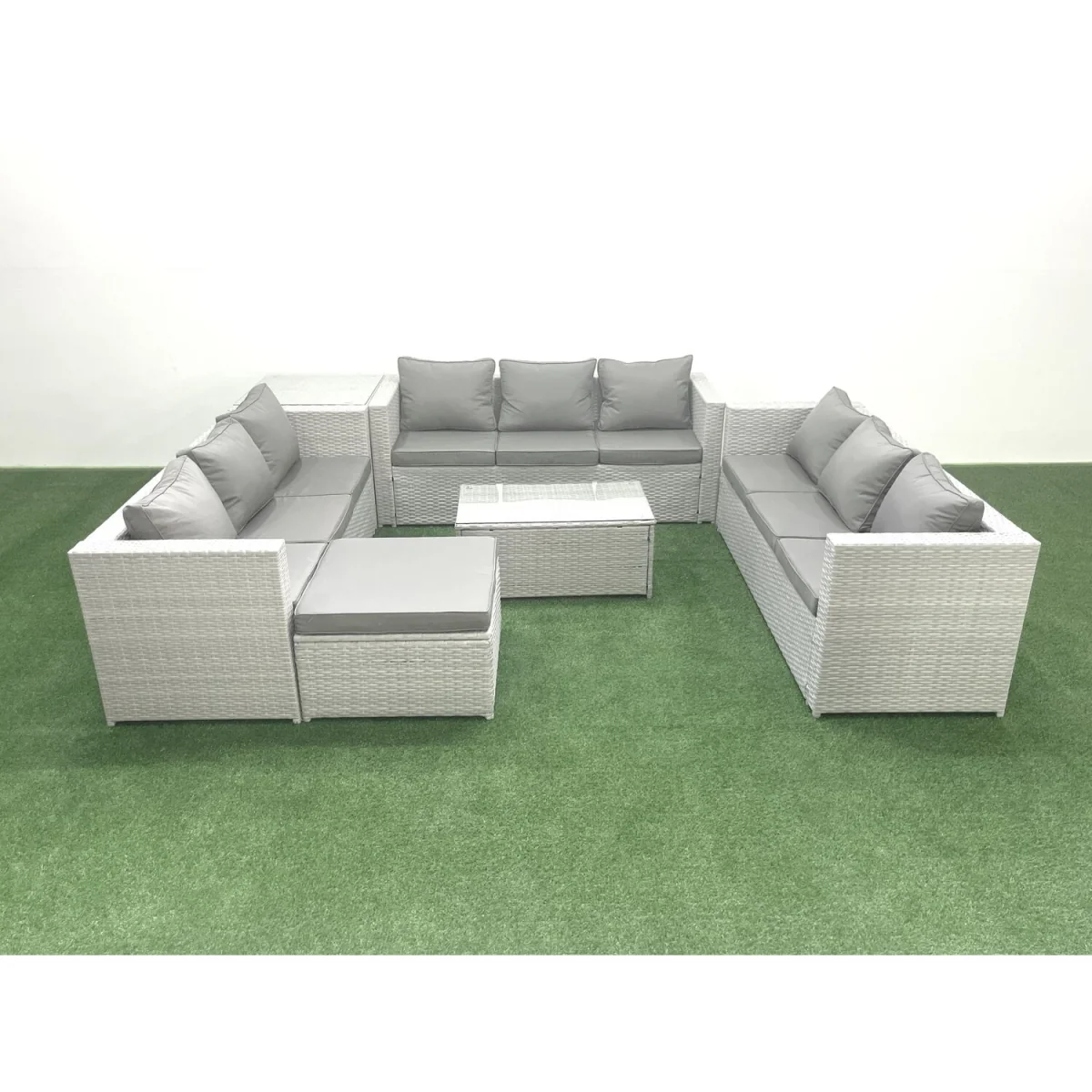 Fimous 10-Seater Rattan Garden Furniture Set with Tempered Glass Table Light Grey Mixed - Light grey rattan with dark grey fabric – image 5