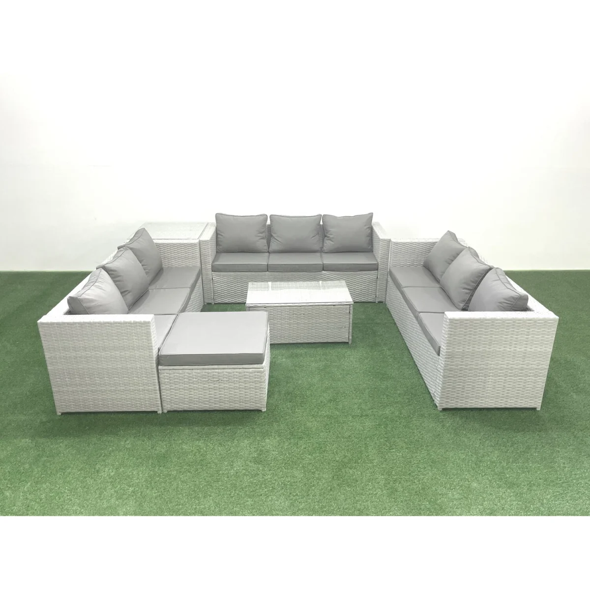 Fimous 10-Seater Rattan Garden Furniture Set with Tempered Glass Table Light Grey Mixed - Light grey rattan with dark grey fabric – image 1