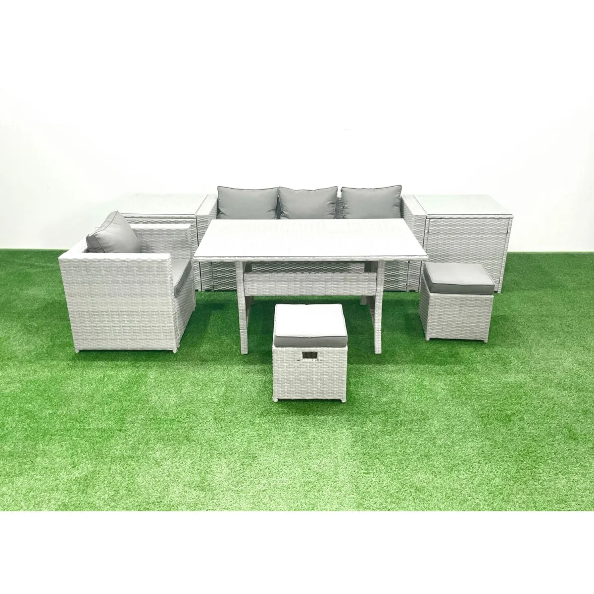 Fimous Rattan Garden Furniture 6-Seater Lounge and Dining Set with Stools and Side Tables. - Light Grey Mixed – image 5