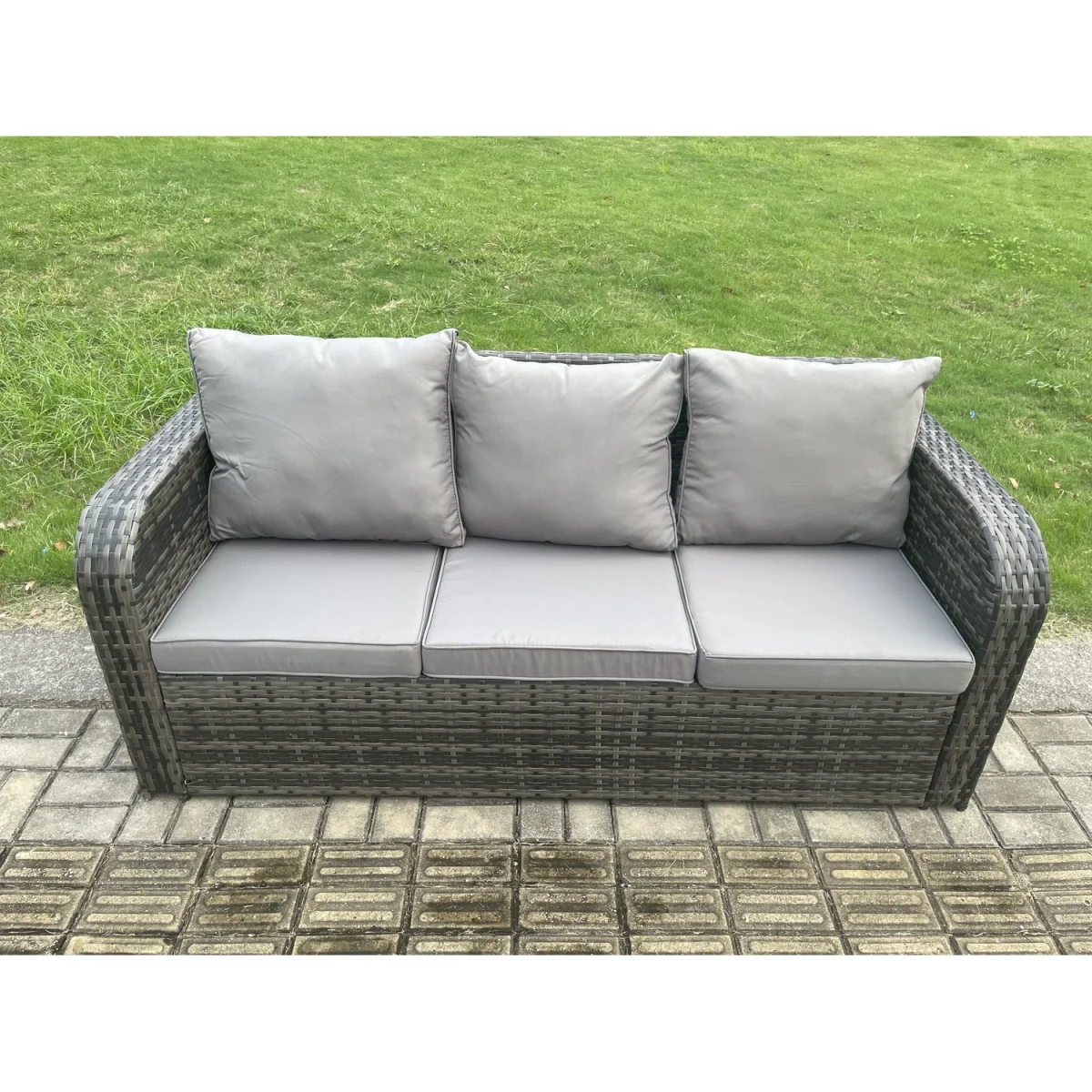 Fimous PE rattan outdoor patio furniture set with dining table and adjustable reclining chairs. - Dark Grey Mixed – image 3