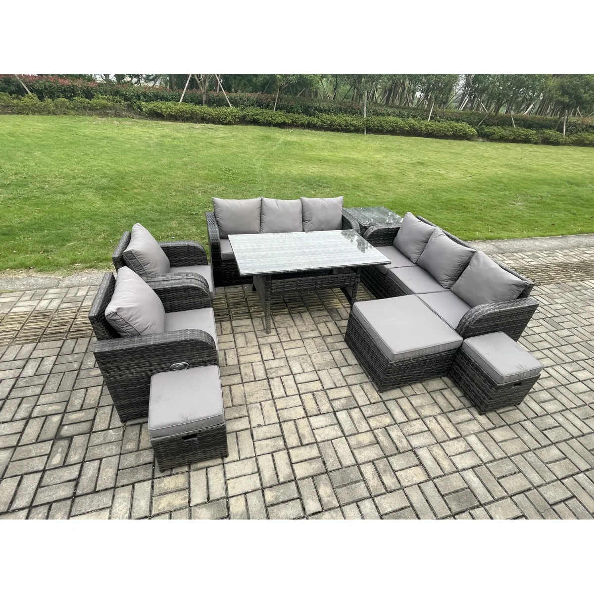 Fimous PE rattan outdoor patio furniture set with dining table and adjustable reclining chairs. - Dark Grey Mixed – image 5