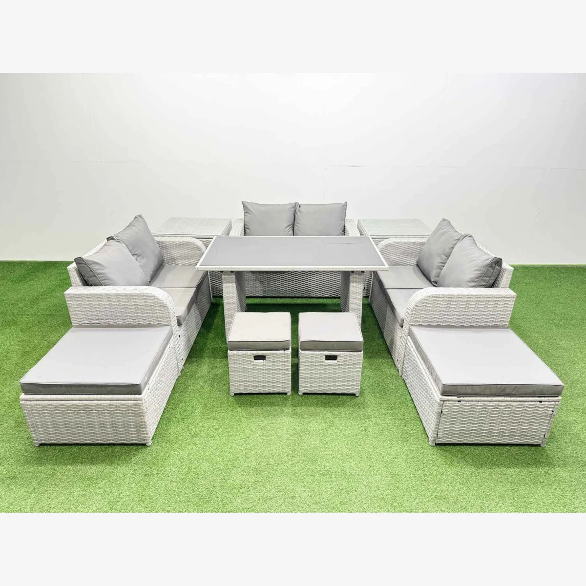 Fimous 10 Seater Patio Garden Furniture Set with Black Tempered Glass Dining Table Light Grey - Light grey rattan + dark grey fabric – image 1
