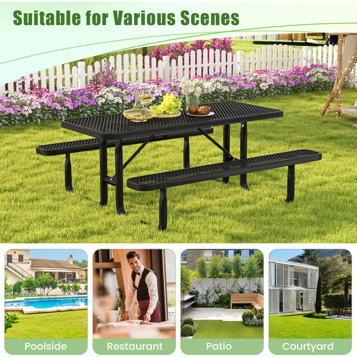 Outdoor Picnic Table and Bench Set - Black / 76cm – image 2