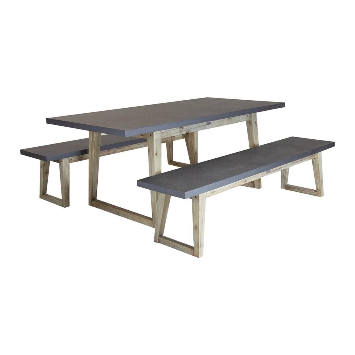 Fibre Cement and Wood Dining Set Including Table 2 Benches - Grey