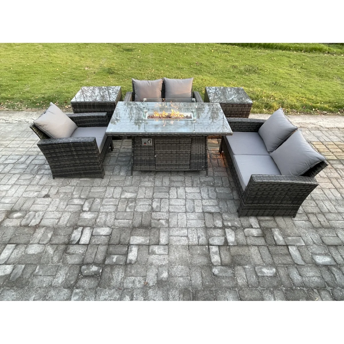 Fimous 5-Seater PE Rattan Outdoor Dining Set with Gas Fire Pit and Tempered Glass. - Dark grey mixed rattan with dark grey fabric – image 3