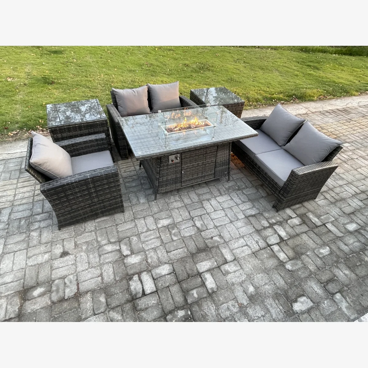 Fimous 5-Seater PE Rattan Outdoor Dining Set with Gas Fire Pit and Tempered Glass. - Dark grey mixed rattan with dark grey fabric – image 1