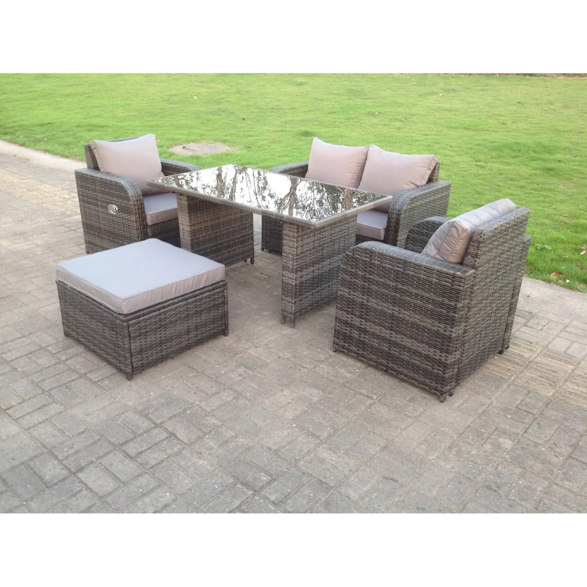 Rattan Garden Furniture Set Oblong Black Glass Dining Table - Dark Grey Mixed – image 4