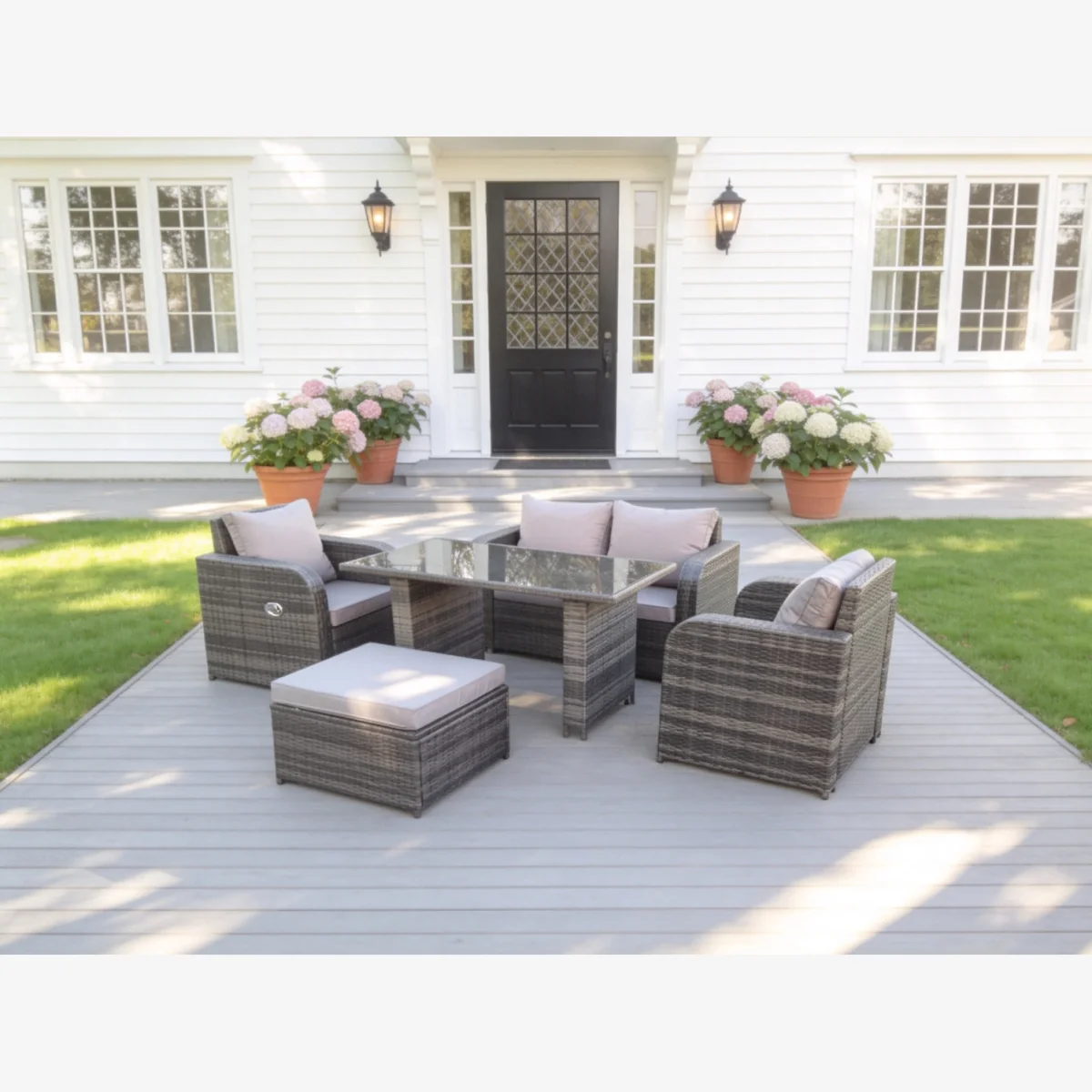 Rattan Garden Furniture Set Oblong Black Glass Dining Table - Dark Grey Mixed – image 1