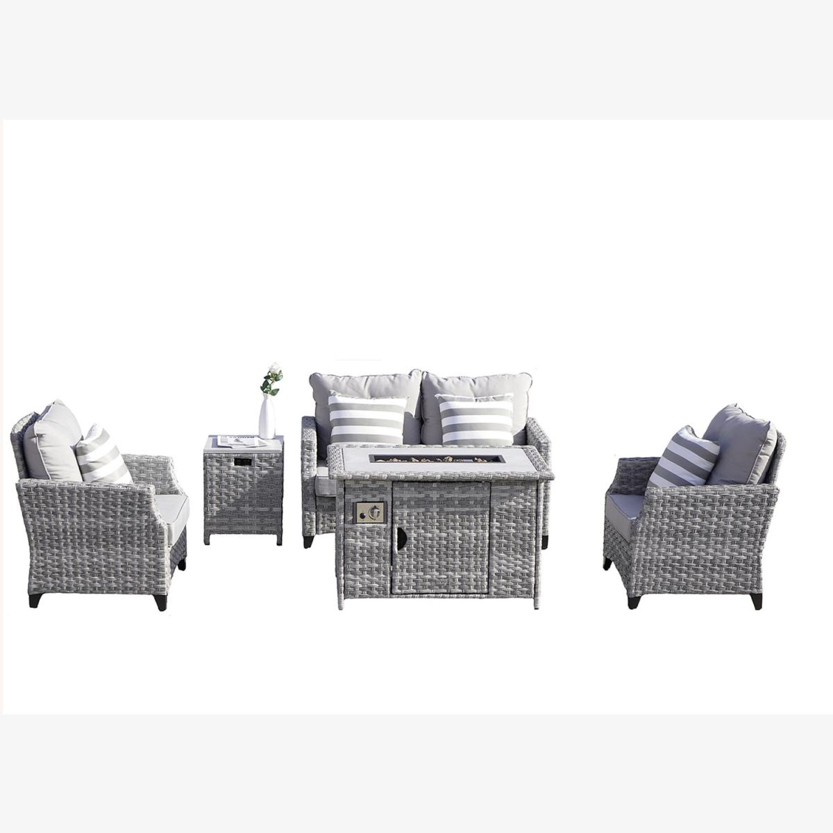 5-Pieces Aluminum Patio Sofa Set with Fire Pit Table - grey