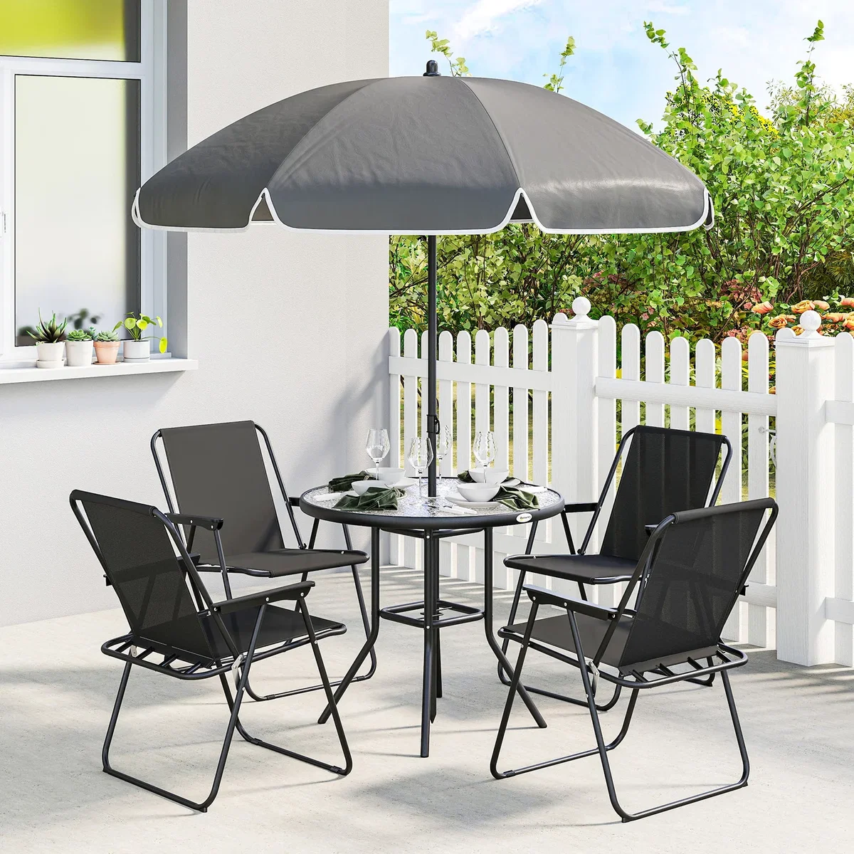 Outsunny Garden Furniture Dining Set with Parasol - Black