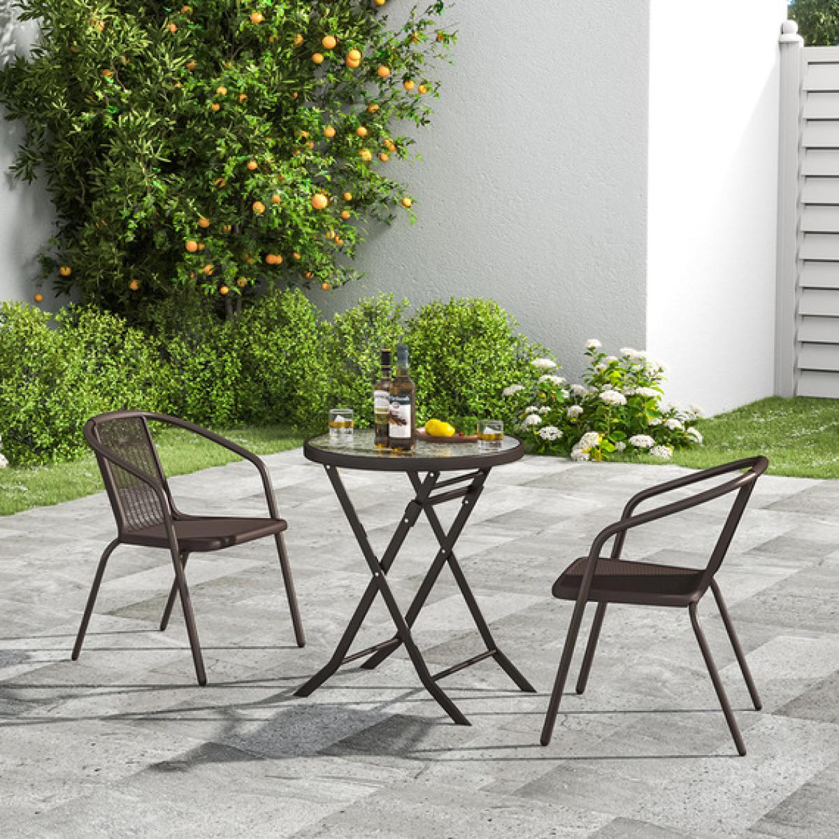 3 Piece Stacking Chairs Bistro Set - Brown / 2x Chair, 1x Foldable Table