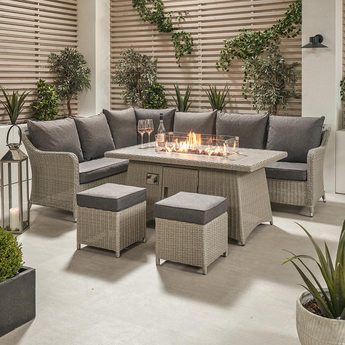 8 Seater Wicker Garden Corner Set With Fire Pit Table - Grey