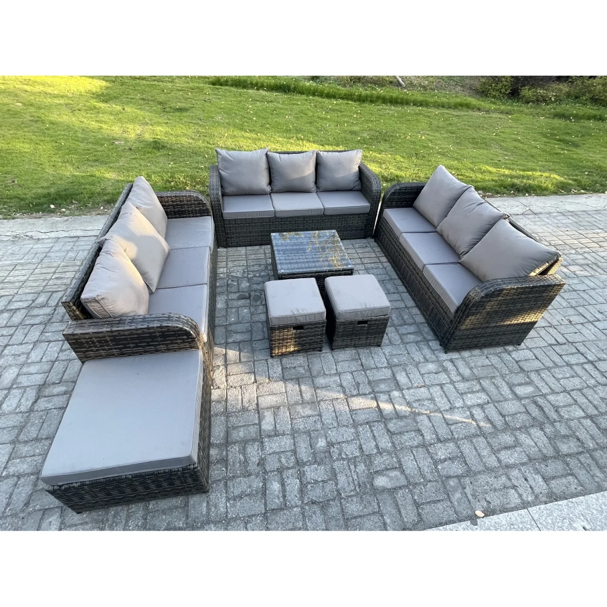 Fimous 12-Seater Rattan Outdoor Furniture Set Dark Grey Mixed - Dark grey mixed rattan with dark grey fabric – image 2