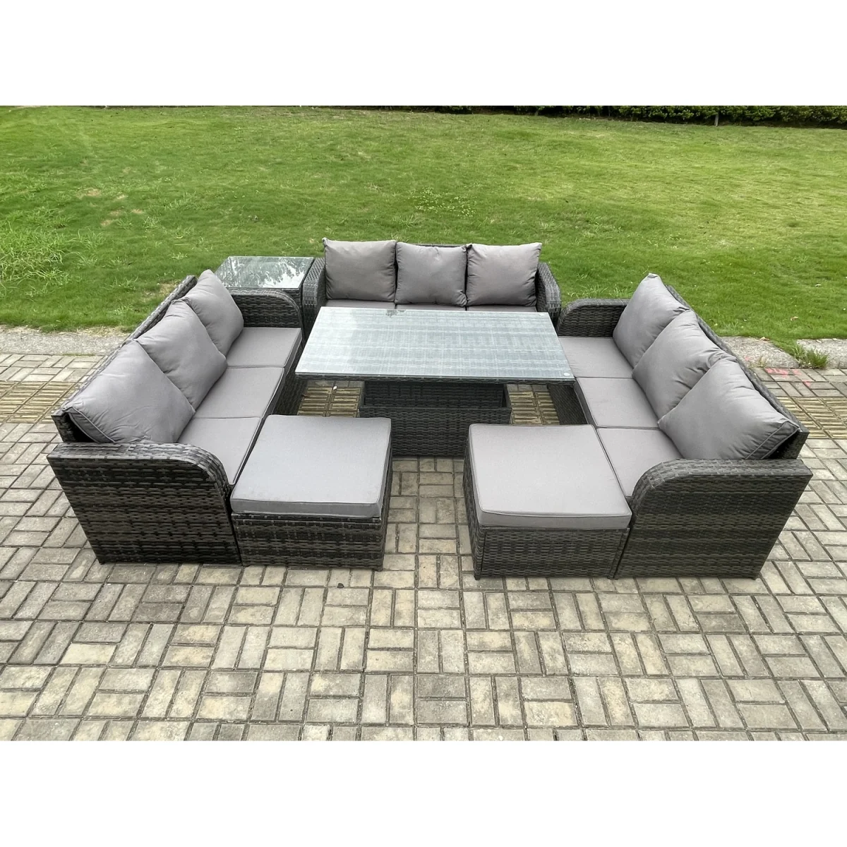 Fimous 11-Seater Garden Rattan Dining Set with Adjustable Rising Table. - Dark Grey – image 2