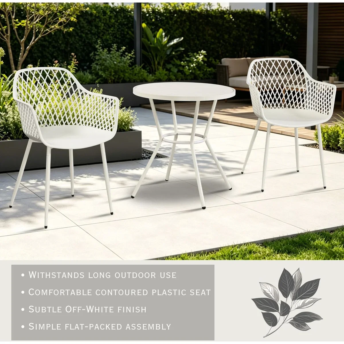 3 Piece Round Garden Bistro Set, Pair of Lattice Armchairs and Plastic Table - White – image 4