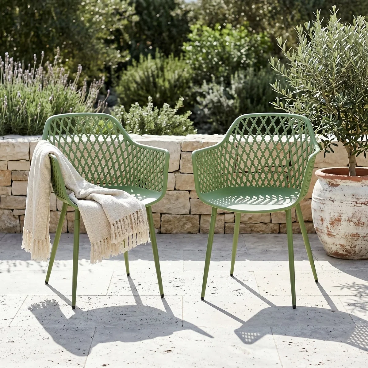 3 Piece Round Garden Bistro Set, Pair of Lattice Armchairs and Plastic Table - White – image 8