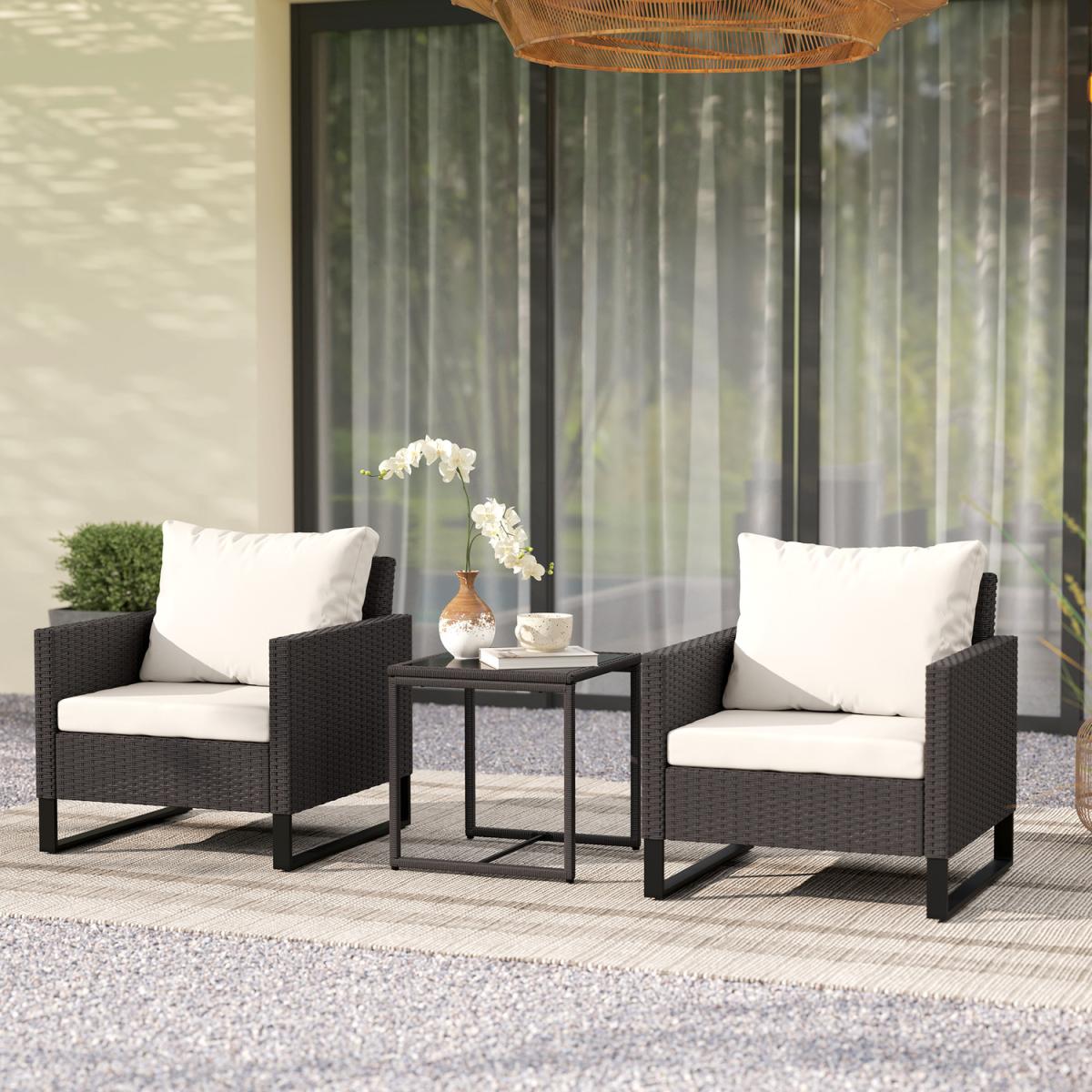Outsunny 3PCS Rattan Bistro Set Coffee Table and Chairs w Cushion - Brown