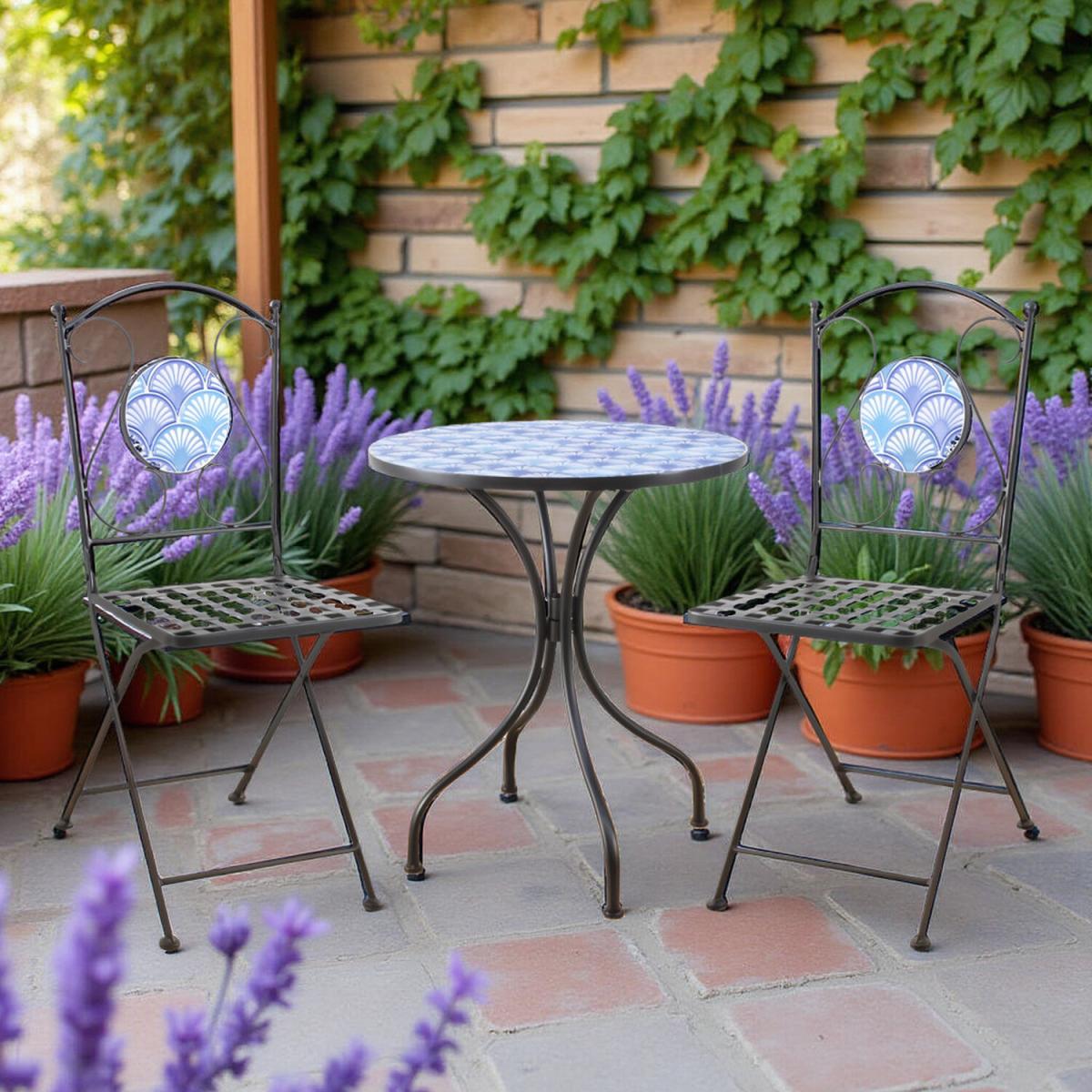 Ocean Blue Shell Mosaic Bistro Patio Garden Set Outdoor Furniture - Black/Multi