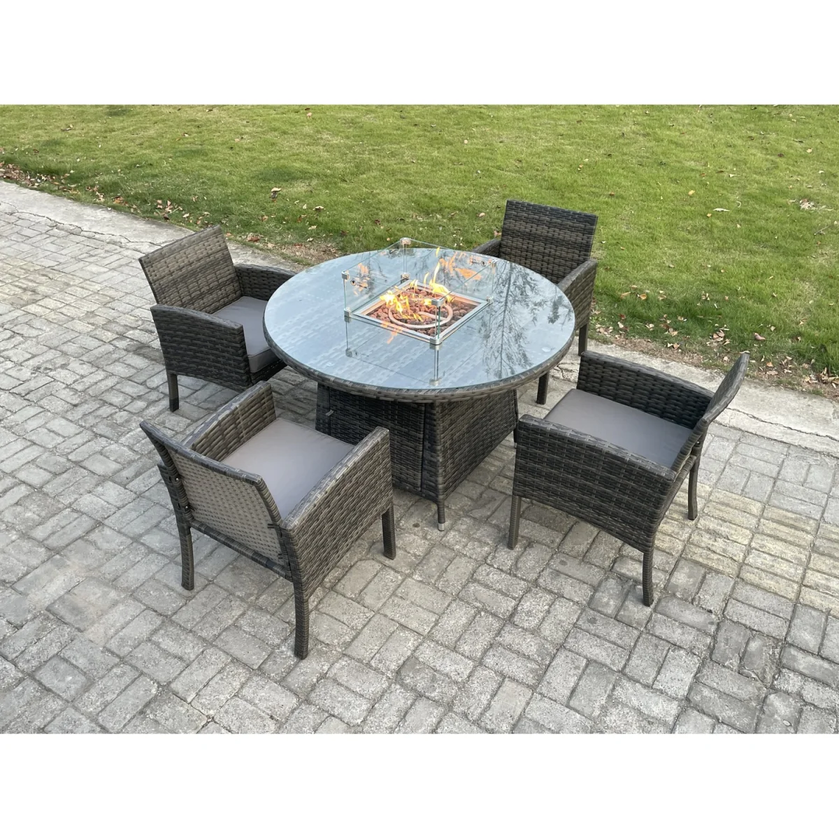 Fimous 5-Piece Outdoor Rattan Dining Set with Gas Fire Pit Round Table 4-Seater Dark Grey Mixed - Dark Grey Mixed – image 5