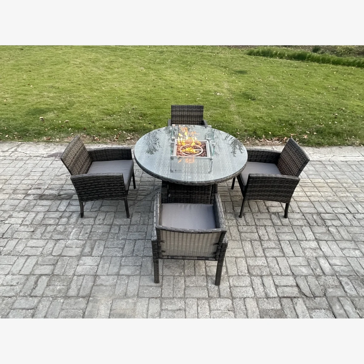 Fimous 5-Piece Outdoor Rattan Dining Set with Gas Fire Pit Round Table 4-Seater Dark Grey Mixed - Dark Grey Mixed – image 1