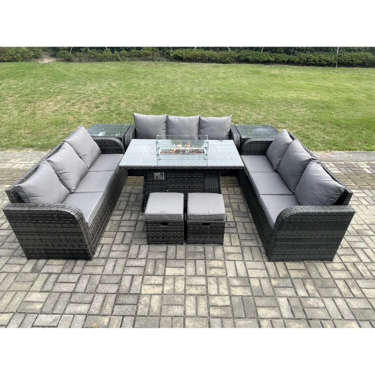 Fimous Rattan Garden Dining Set with Gas Fire Pit, includes 3x 3-seat sofas - Dark Grey – image 2