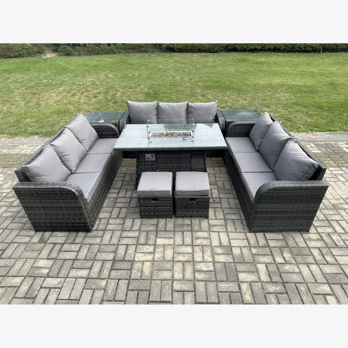 Fimous Rattan Garden Dining Set with Gas Fire Pit, includes 3x 3-seat sofas - Dark Grey – image 1