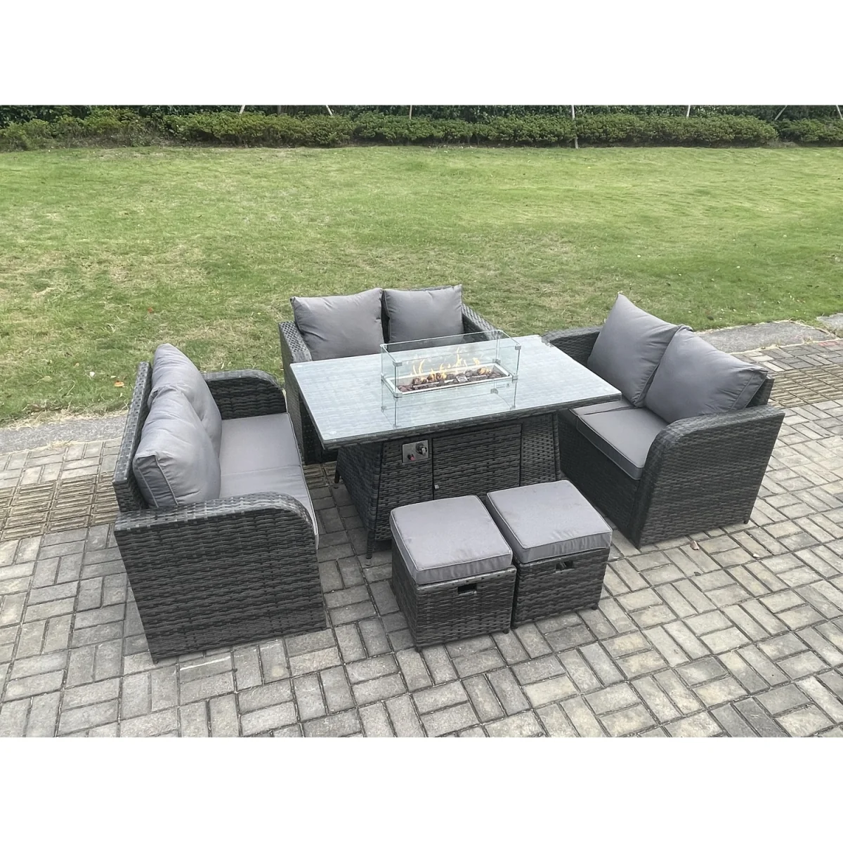 Fimous 8-Seater Rattan Garden Dining Set with Gas Fire Pit Table, 3 Love Sofas and 2 Footstools. - Dark Grey – image 2