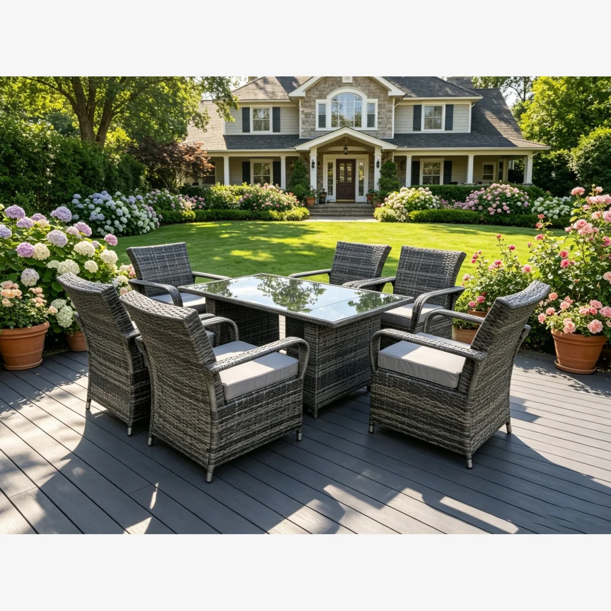Rattan Garden Dining Set 6 Chairs Rectangular Table - Dark Grey Mixed