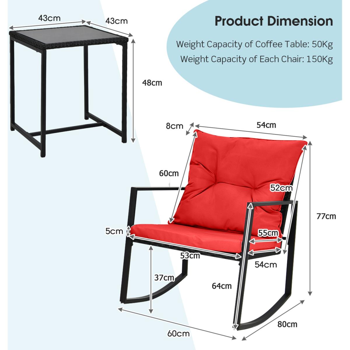Costway 3 Pieces Rocking Bistro Set-Red - Red – image 2