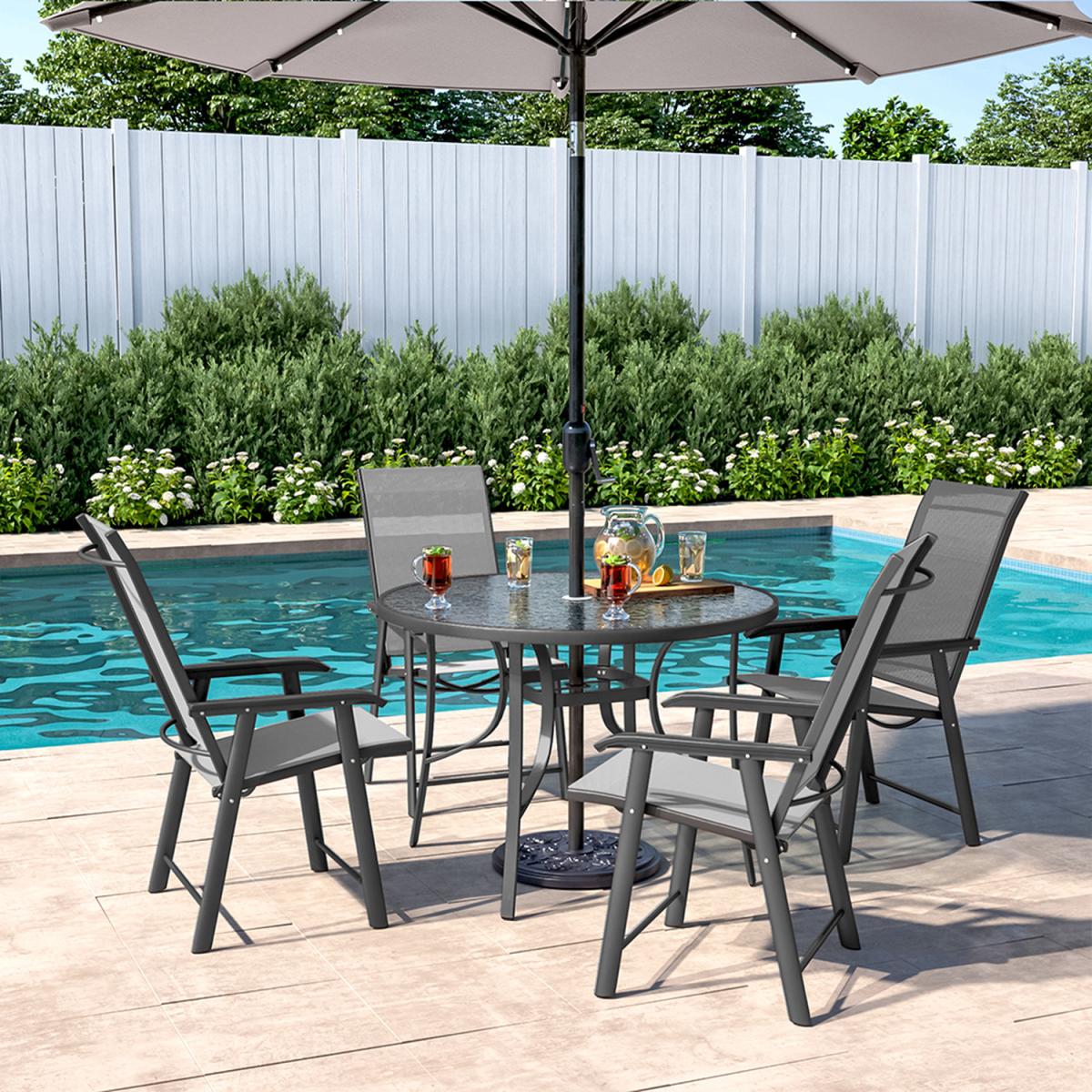 Outdoor Glass Table Bistro Set - Brown / Square / 4 x Folding Chairs; 1 x Table – image 16