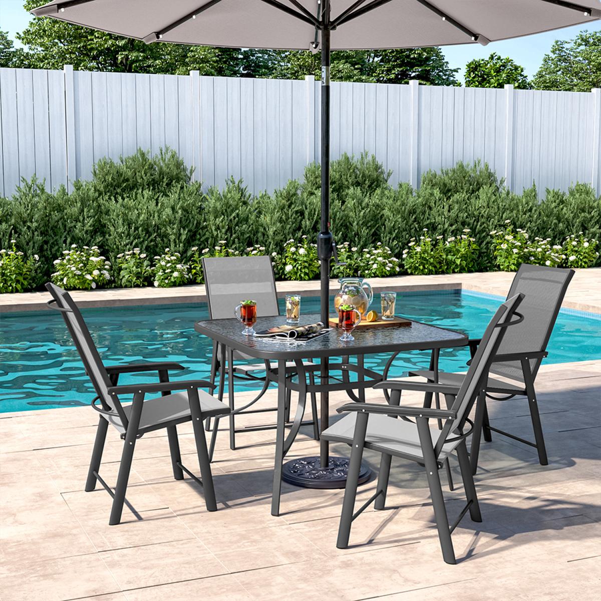 Outdoor Glass Table Bistro Set - Brown / Square / 4 x Folding Chairs; 1 x Table – image 21